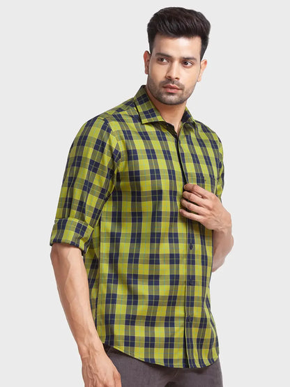 Men Green Tailored Fit Checks Cotton Full Sleeve Shirts