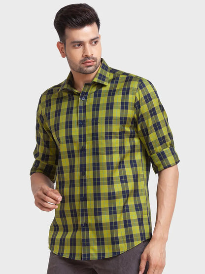 Men Green Tailored Fit Checks Cotton Full Sleeve Shirts