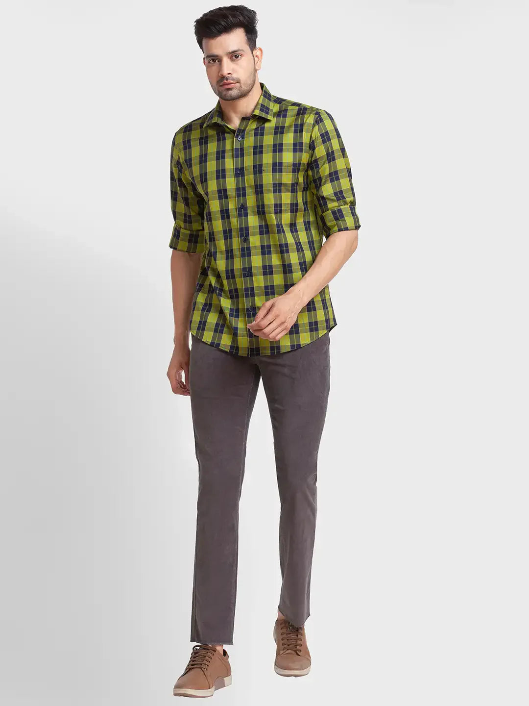 Men Green Tailored Fit Checks Cotton Full Sleeve Shirts