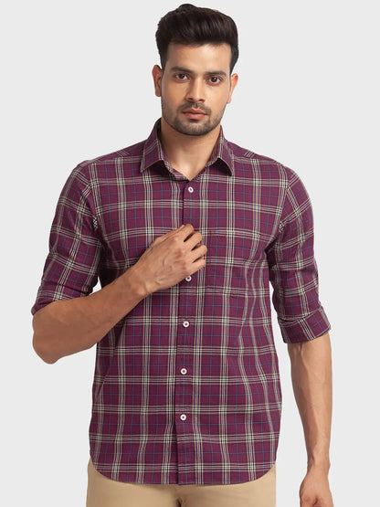 Colorplus Men Purple Checks Tailored Fit Cotton Casual Shirt