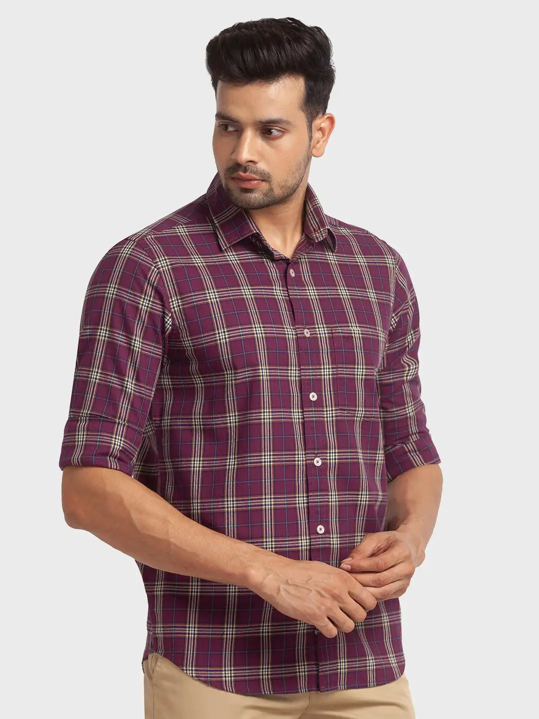 Colorplus Men Purple Checks Tailored Fit Cotton Casual Shirt