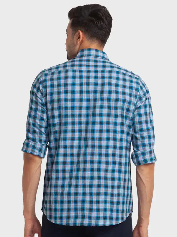Men Blue Tailored Fit Checks Cotton Full Sleeve Shirts