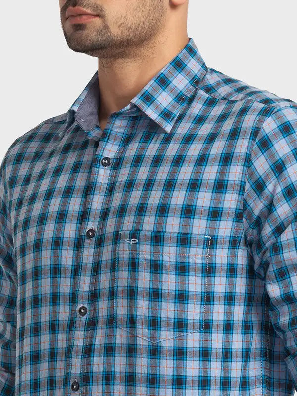 Men Blue Tailored Fit Checks Cotton Full Sleeve Shirts