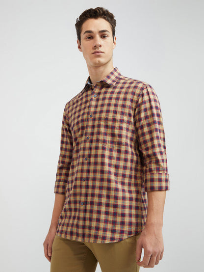 Men Yellow Tailored Fit Checks Cotton Full Sleeve Shirts