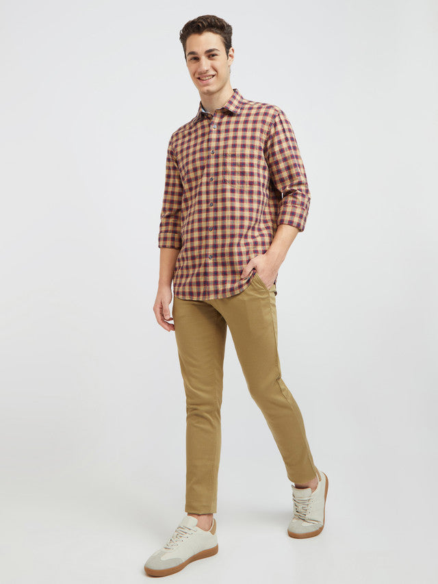 Men Yellow Tailored Fit Checks Cotton Full Sleeve Shirts