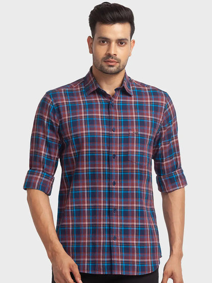 Colorplus Men Blue Checks Tailored Fit Cotton Casual Shirt