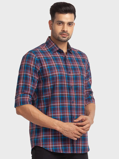 Colorplus Men Blue Checks Tailored Fit Cotton Casual Shirt