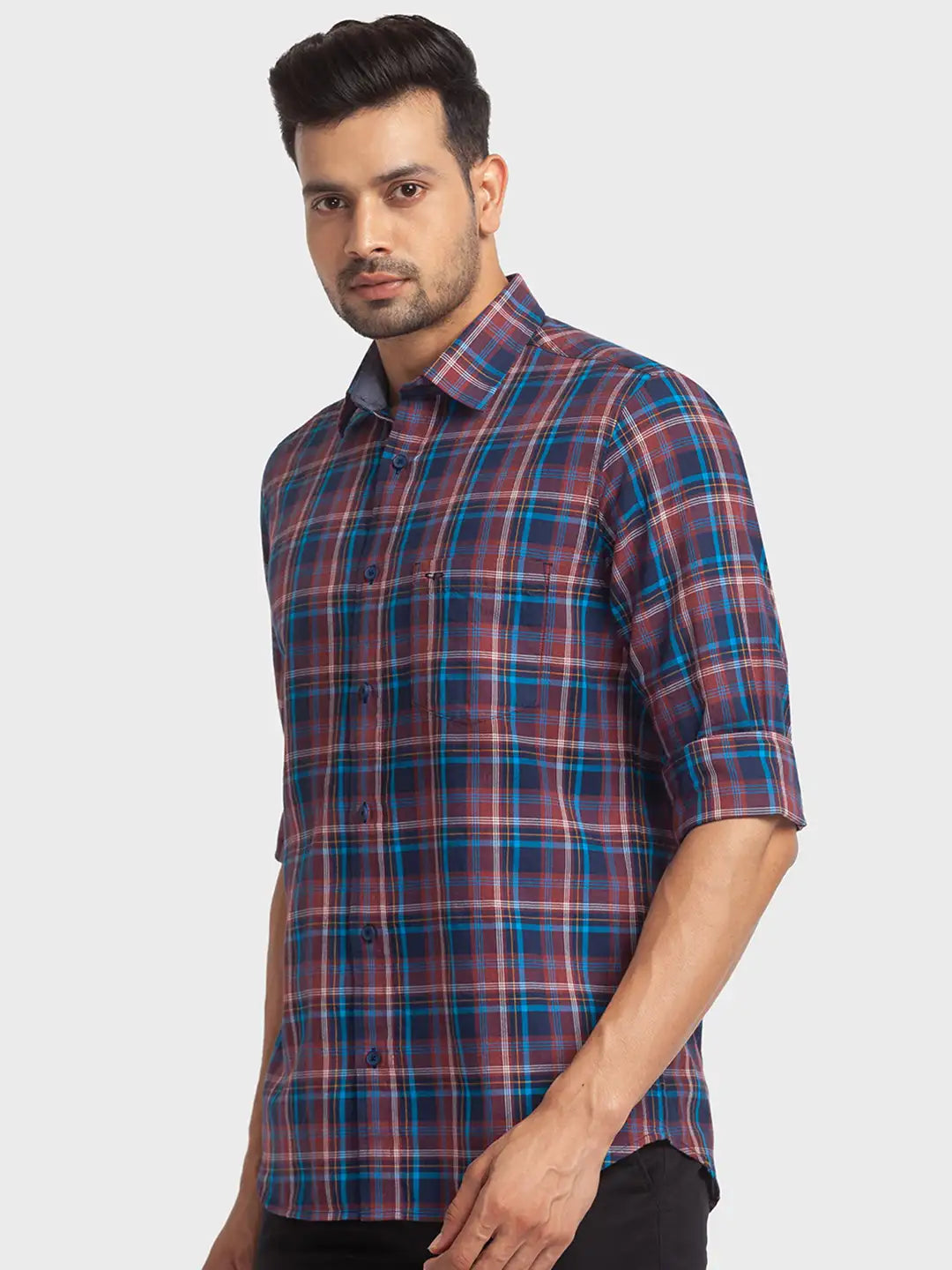 Colorplus Men Blue Checks Tailored Fit Cotton Casual Shirt