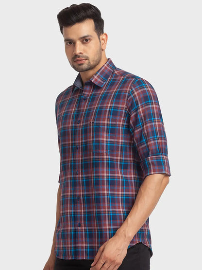 Colorplus Men Blue Checks Tailored Fit Cotton Casual Shirt