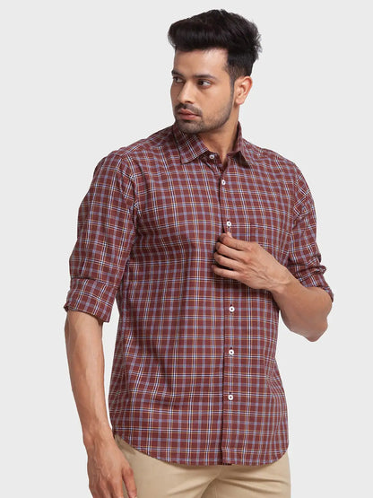 Men Brown Tailored Fit Checks Cotton Full Sleeve Shirts