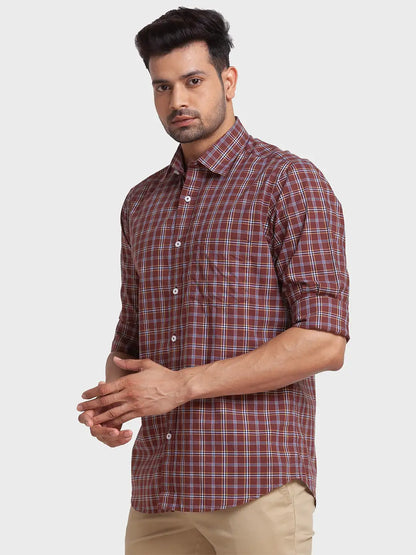 Men Brown Tailored Fit Checks Cotton Full Sleeve Shirts
