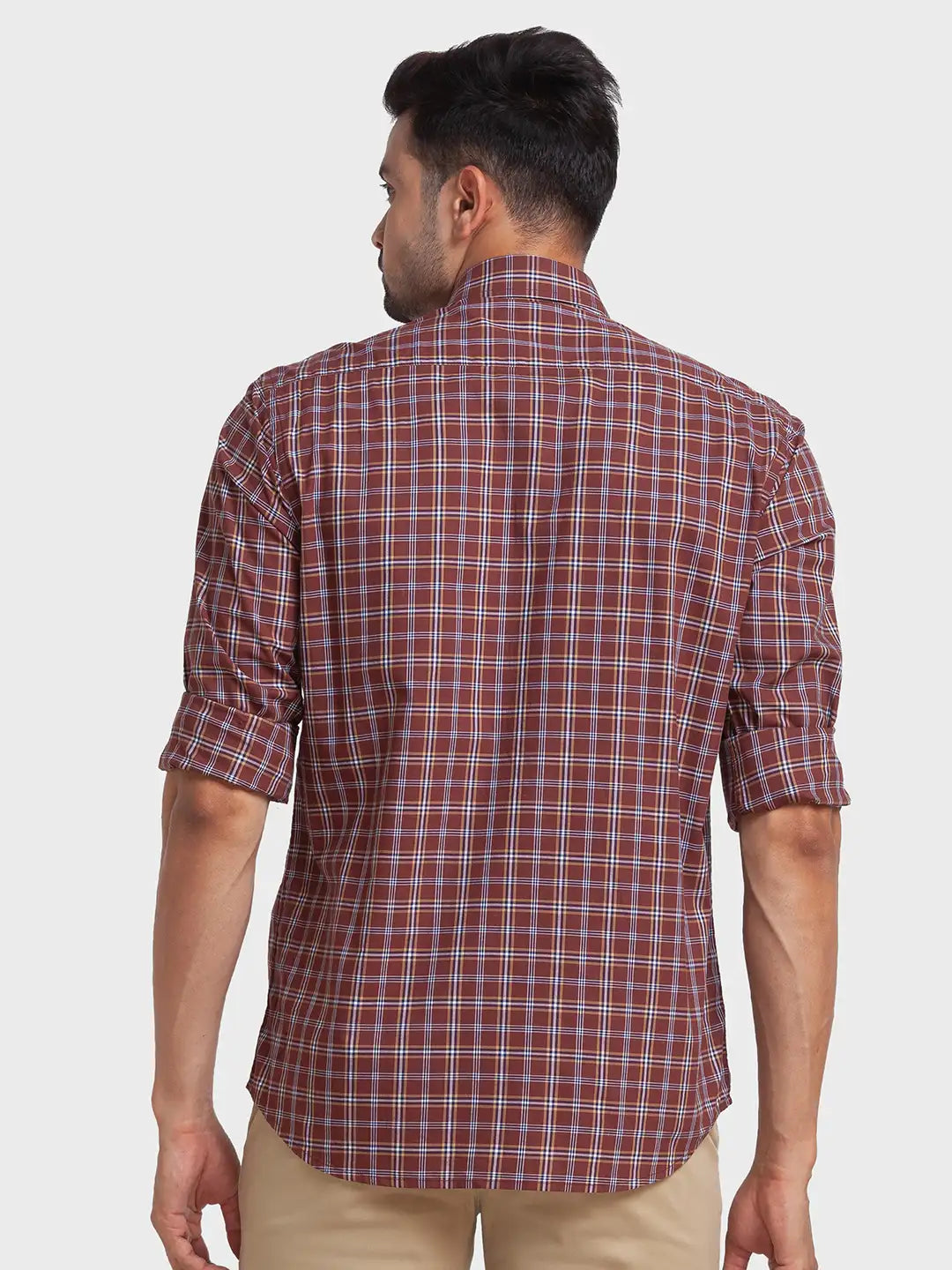 Men Brown Tailored Fit Checks Cotton Full Sleeve Shirts
