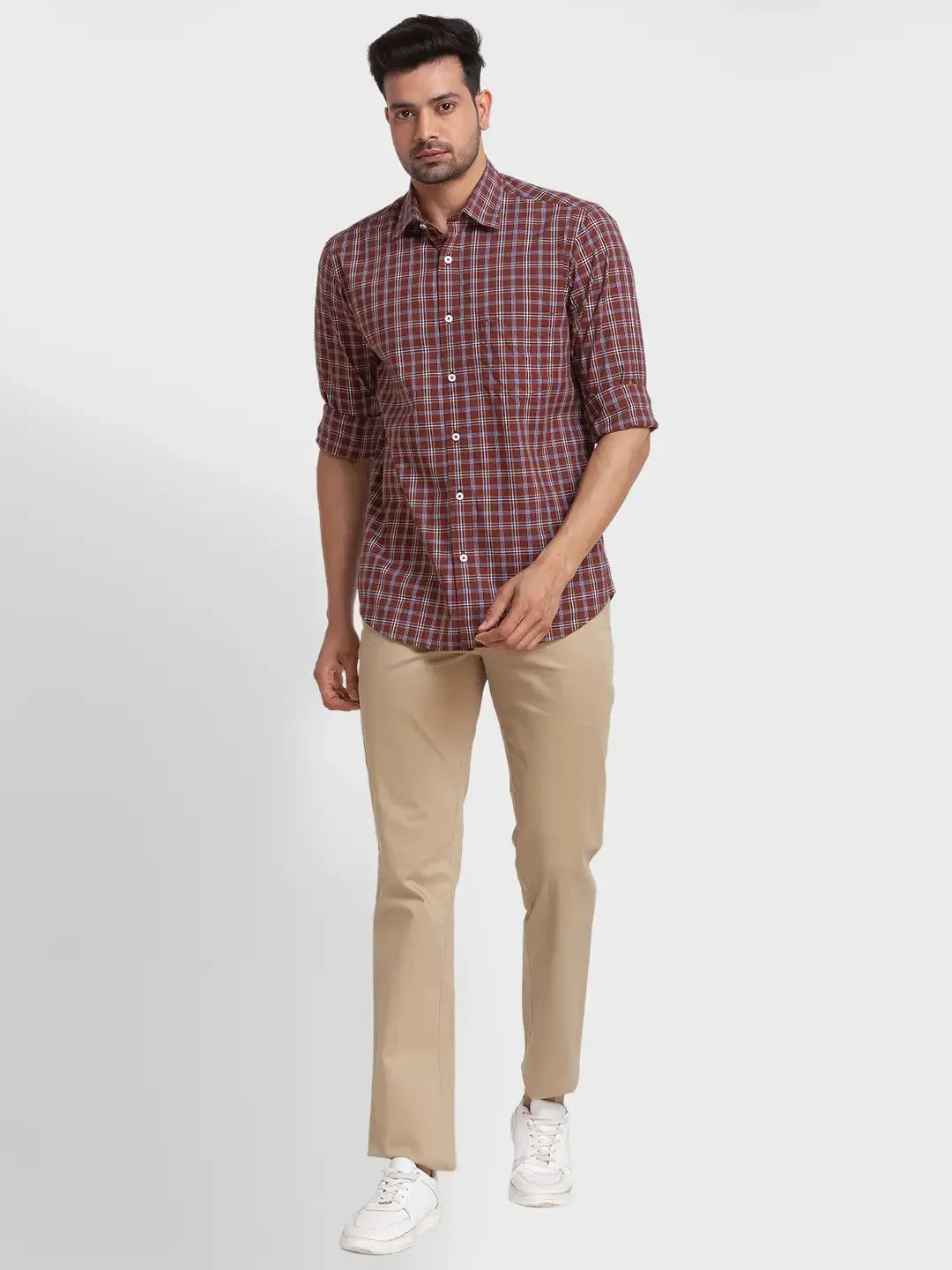 Men Brown Tailored Fit Checks Cotton Full Sleeve Shirts