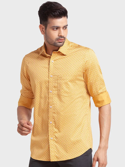 Men Yellow Tailored Fit Print Cotton Full Sleeve Shirts