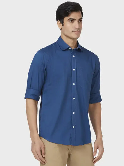 Men Petrol Tailored Fit Solid Cotton Full Sleeve Shirts
