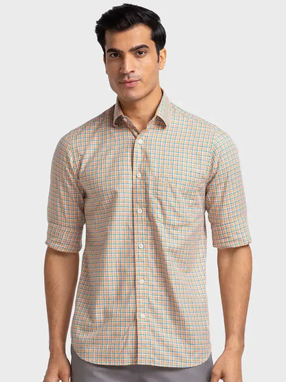 Men Orange Tailored Fit Checks Cotton Full Sleeve Shirts