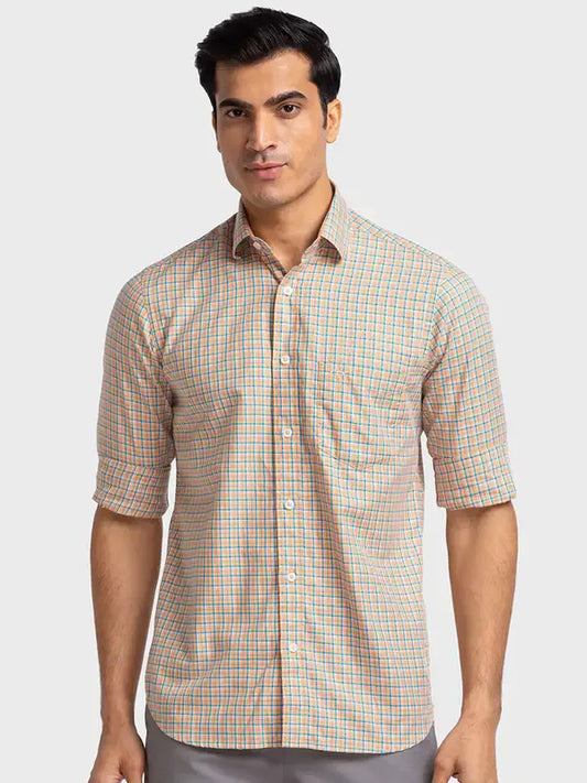 Men Orange Tailored Fit Checks Cotton Full Sleeve Shirts