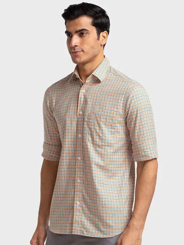 Men Orange Tailored Fit Checks Cotton Full Sleeve Shirts