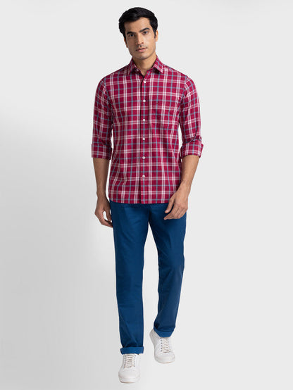 Colorplus Men Red Checkered Tailored Fit Full Sleeve Spread Collar Shirt