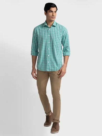 Men Green Tailored Fit Checks Viscose Cotton Blend Full Sleeve Shirts