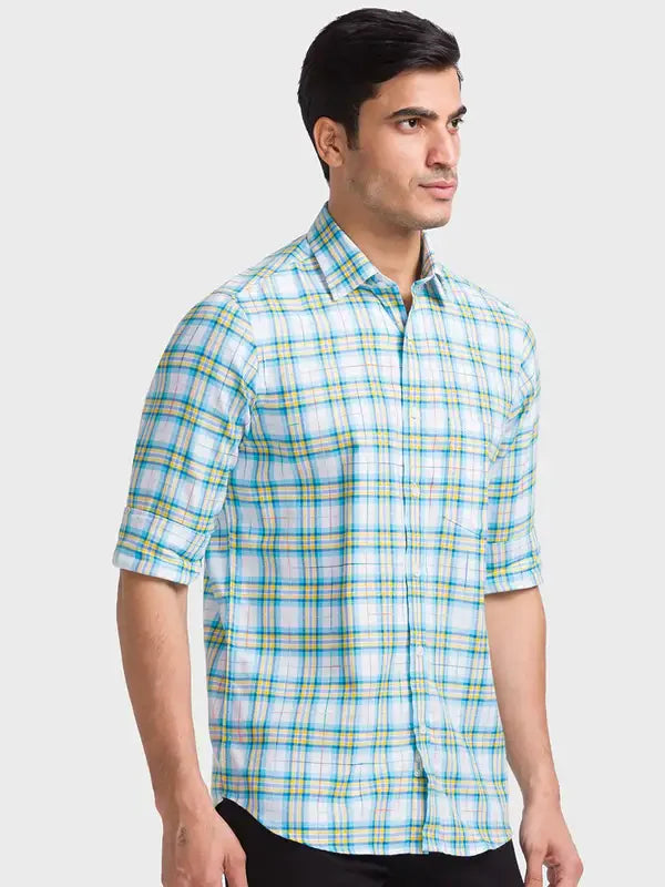 Men Blue Tailored Fit Checks Cotton Full Sleeve Shirts
