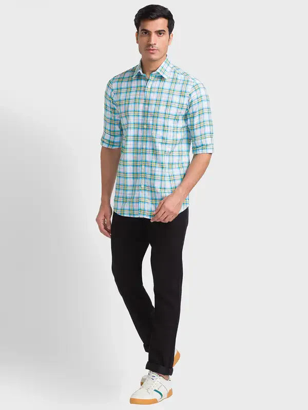 Men Blue Tailored Fit Checks Cotton Full Sleeve Shirts