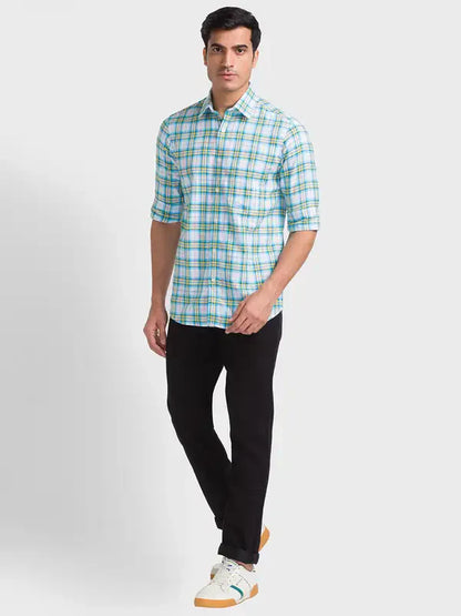 Men Blue Tailored Fit Checks Cotton Full Sleeve Shirts