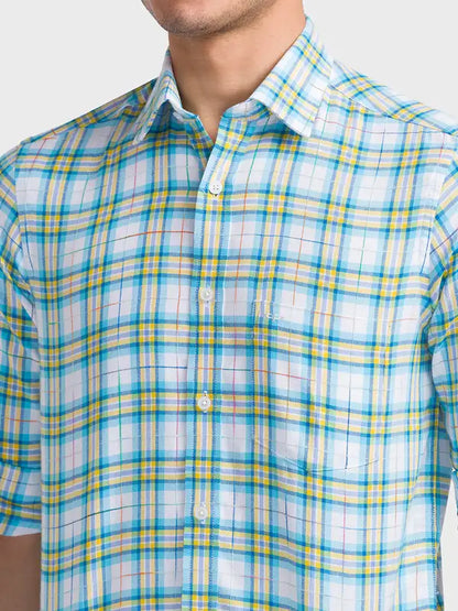 Men Blue Tailored Fit Checks Cotton Full Sleeve Shirts