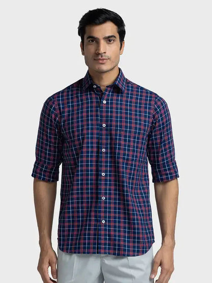 Men Blue Tailored Fit Checks Cotton Full Sleeve Shirts