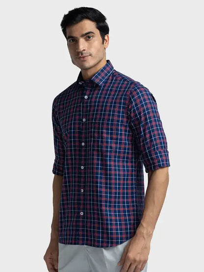 Men Blue Tailored Fit Checks Cotton Full Sleeve Shirts