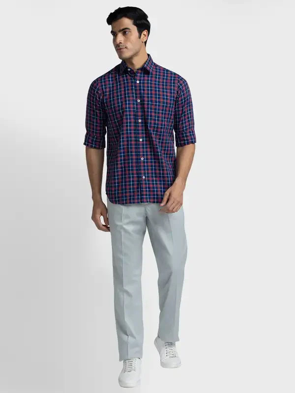 Men Blue Tailored Fit Checks Cotton Full Sleeve Shirts