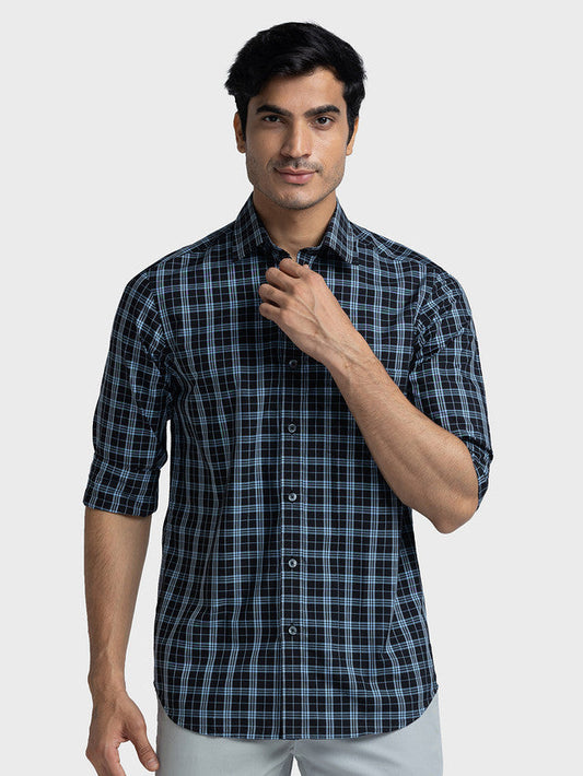Colorplus Men Blue Checkered Tailored Fit Polyester Blend Casual Shirt