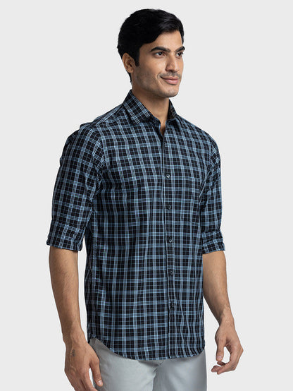 Colorplus Men Blue Checkered Tailored Fit Polyester Blend Casual Shirt