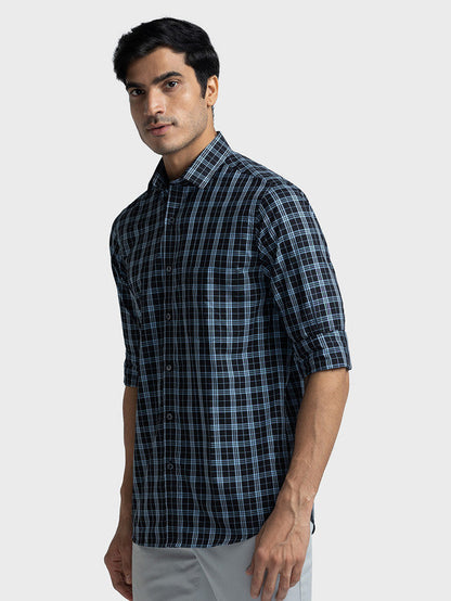 Colorplus Men Blue Checkered Tailored Fit Polyester Blend Casual Shirt