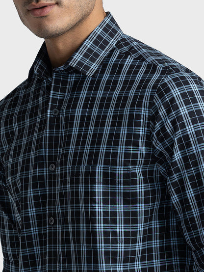 Colorplus Men Blue Checkered Tailored Fit Polyester Blend Casual Shirt