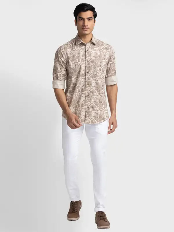 Colorplus Men Brown Printed Tailored Fit Cotton Casual Shirt