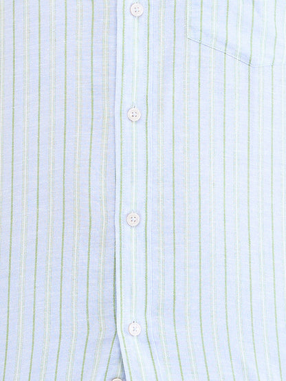 Colorplus Blue Stripe Tailored Fit Linen Blend Casual Shirt