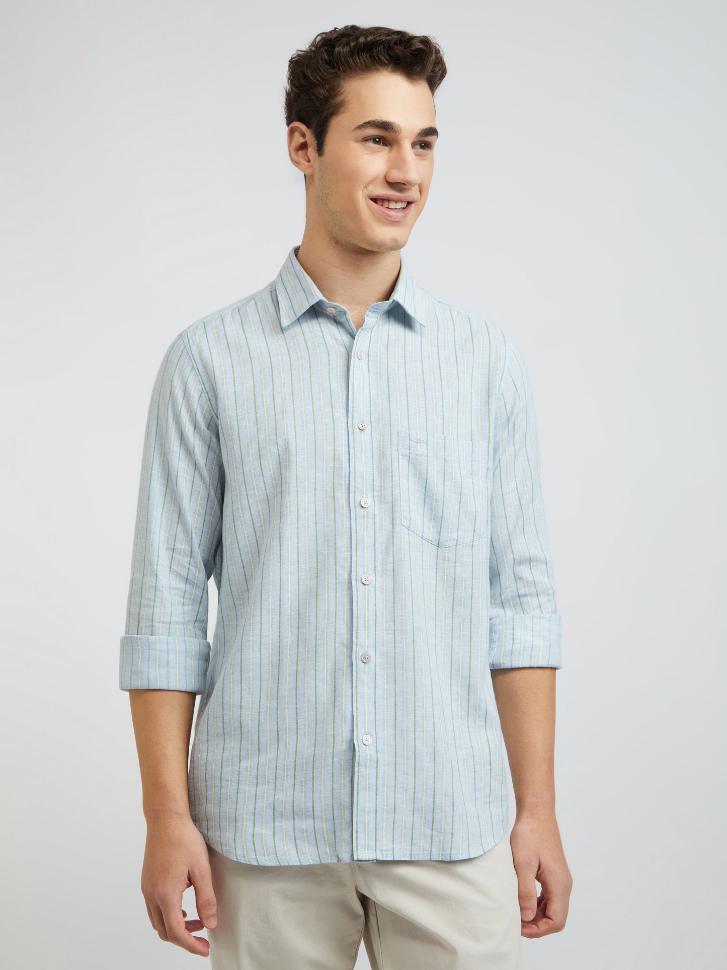 Colorplus Blue Stripe Tailored Fit Linen Blend Casual Shirt