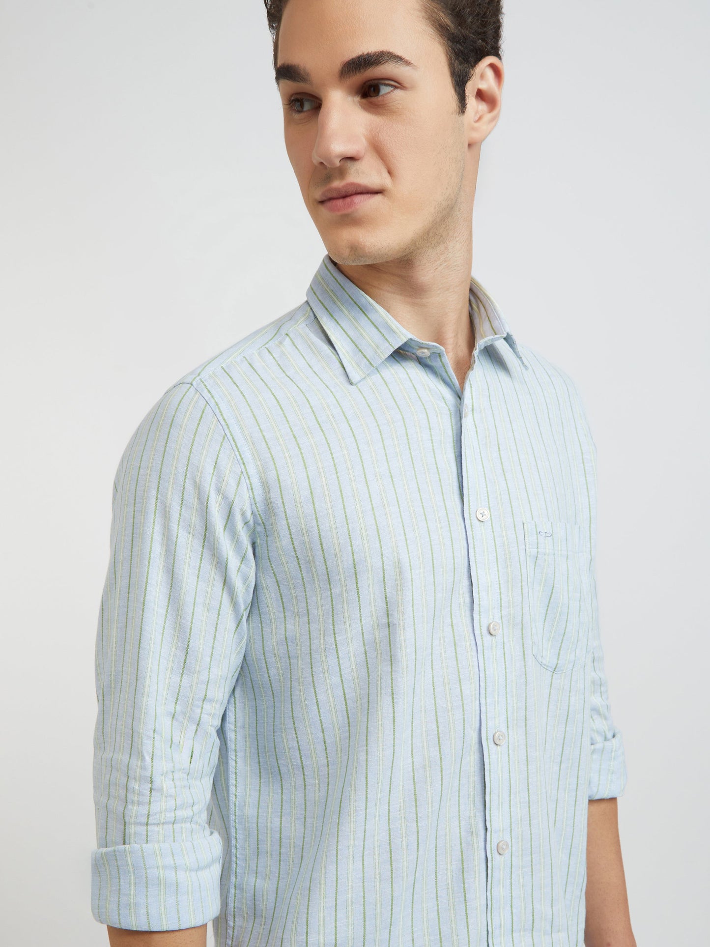 Colorplus Blue Stripe Tailored Fit Linen Blend Casual Shirt