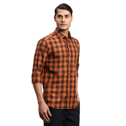 Men Brown Regular Fit Checks Cotton Full Sleeves Shirts