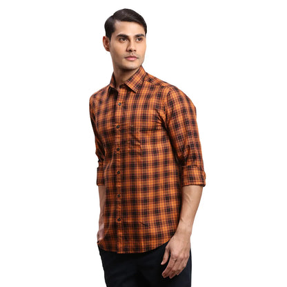 Men Brown Regular Fit Checks Cotton Full Sleeves Shirts