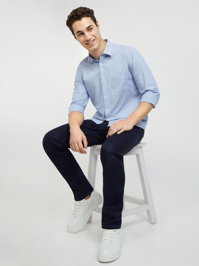 Men Blue Regular Fit Solid Piece Dyed Cotton Full Sleeves Shirts
