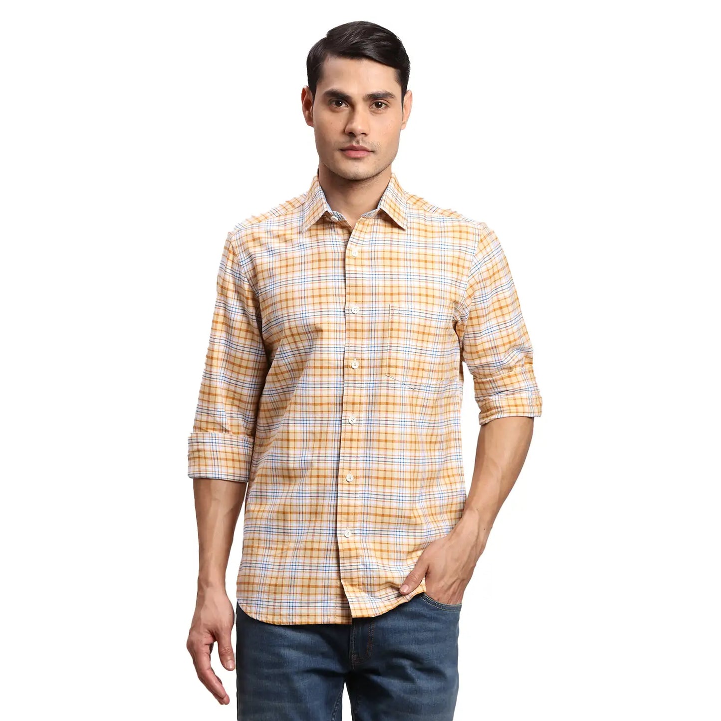 Men Yellow Regular Fit Checks Cotton Full Sleeves Shirts