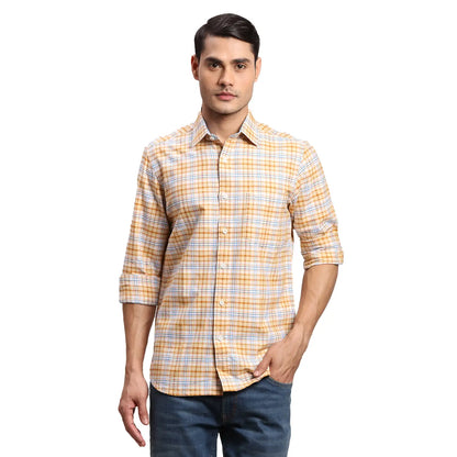 Men Yellow Regular Fit Checks Cotton Full Sleeves Shirts