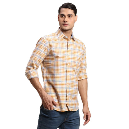 Men Yellow Regular Fit Checks Cotton Full Sleeves Shirts