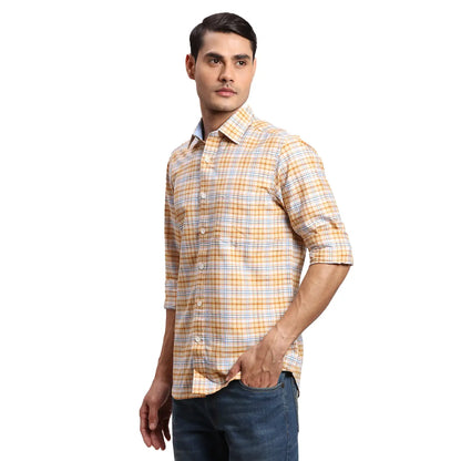 Men Yellow Regular Fit Checks Cotton Full Sleeves Shirts