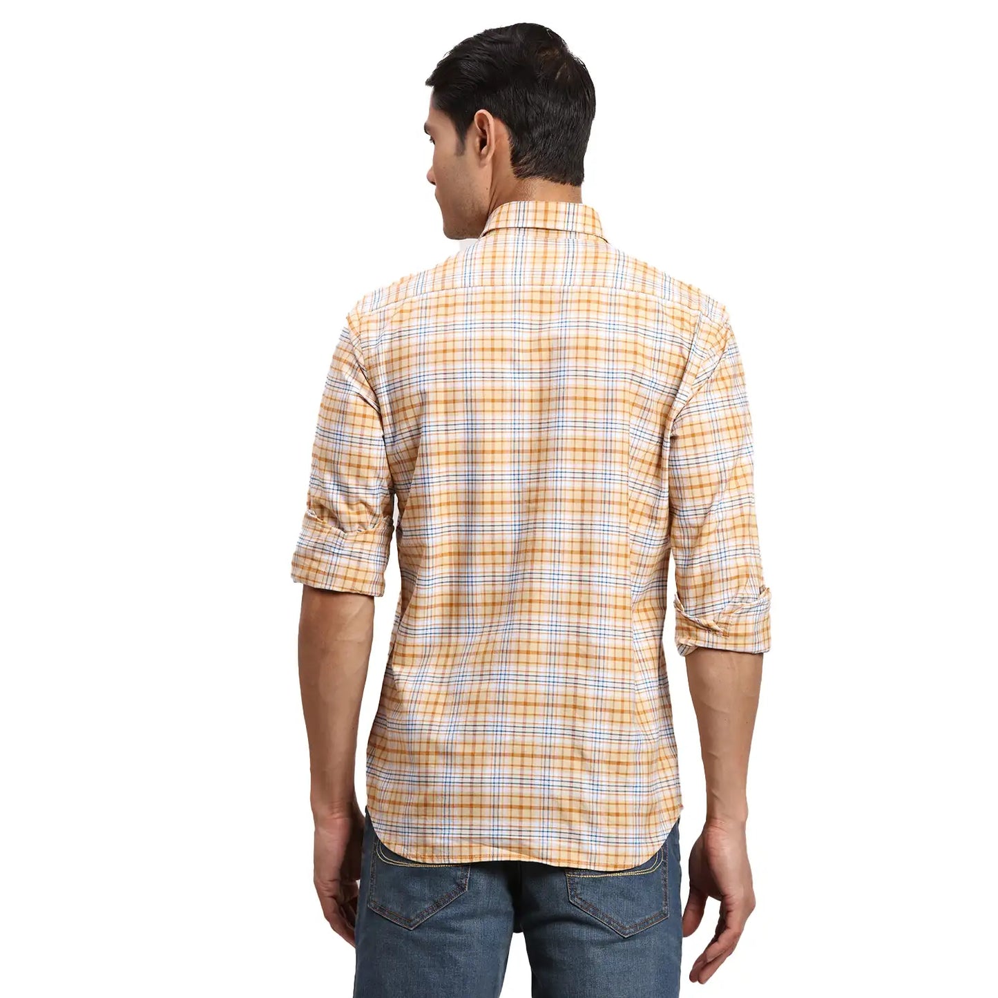 Men Yellow Regular Fit Checks Cotton Full Sleeves Shirts