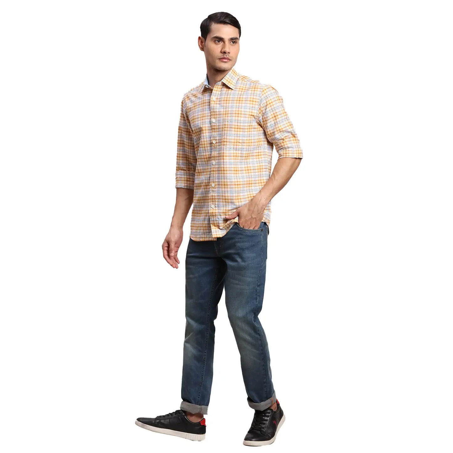 Men Yellow Regular Fit Checks Cotton Full Sleeves Shirts