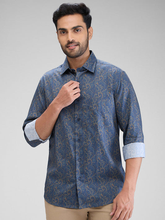 Colorplus Men Blue Printed Regular Fit Full Sleeve Spread Collar Shirt