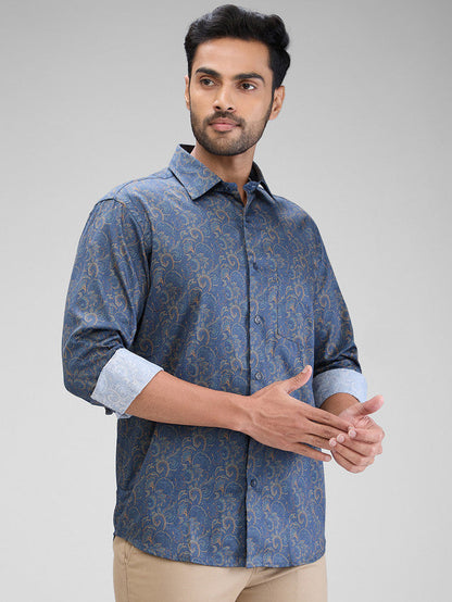 Colorplus Men Blue Printed Regular Fit Full Sleeve Spread Collar Shirt